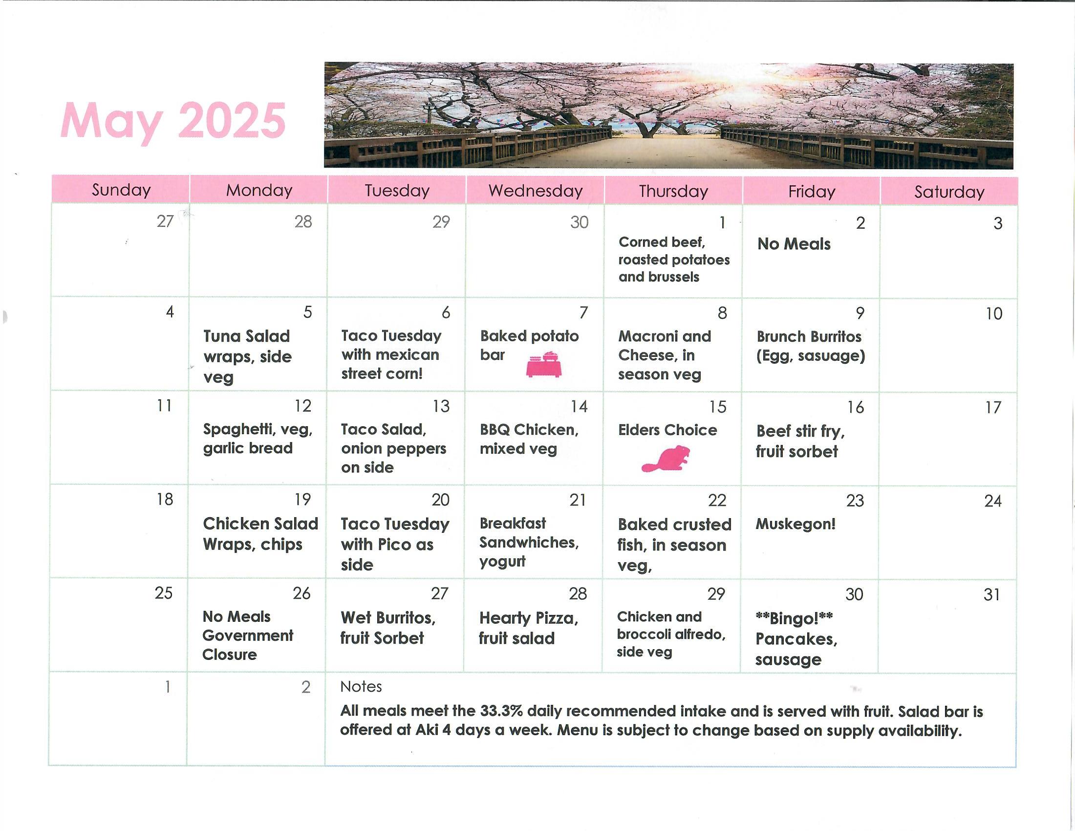 Elder's lunch menu for May 2025