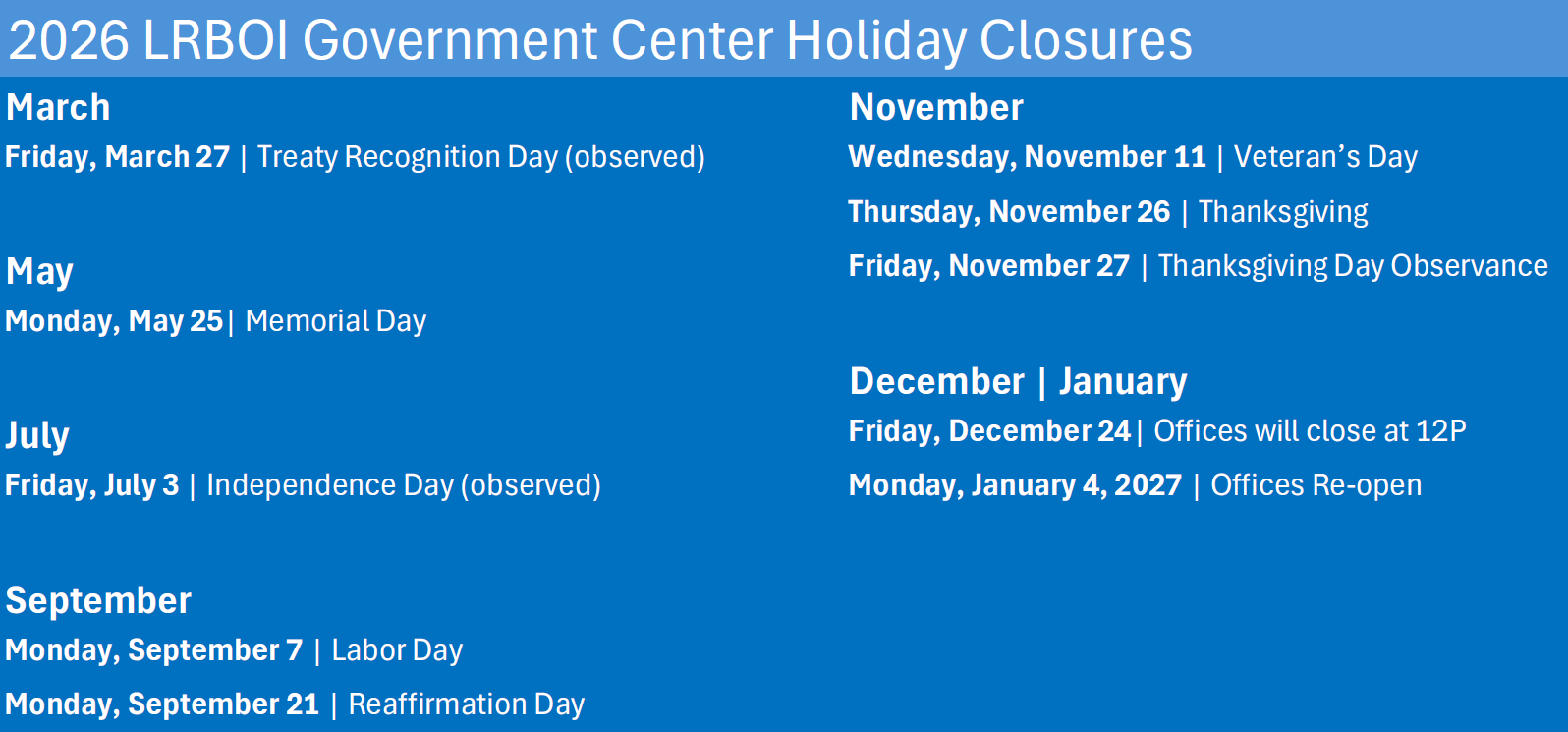 LRBOI Government Office Closure